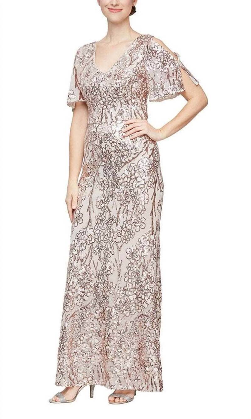 NEW ALEX EVENINGS caroline flutter sleeve sequin gown in sand